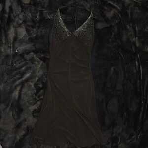 Elegant Black Halter Dress with Beaded Neckline